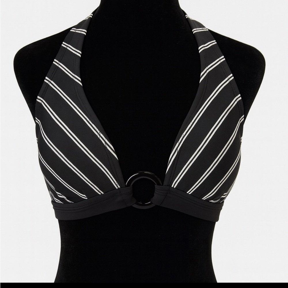 Isaac Mizrahi Target‎ Halter Bikini Top Large Black White Stripe Swimwear Ring